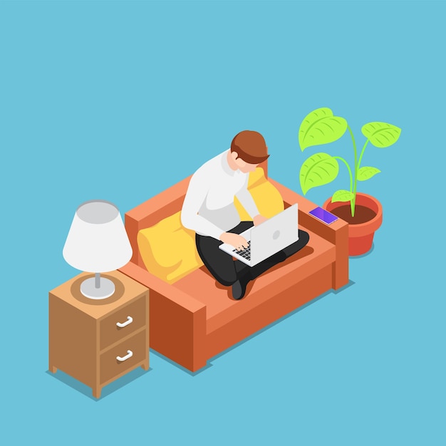 Flat 3d isometric man with laptop working on sofa at his house. Work at home and freelance concept