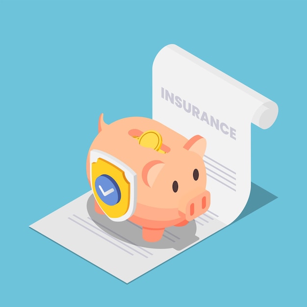 Flat 3d Isometric Piggy Bank Full of Money with Shield on The Insurance Document. Money Protection and Financial Saving Insurance Concept.