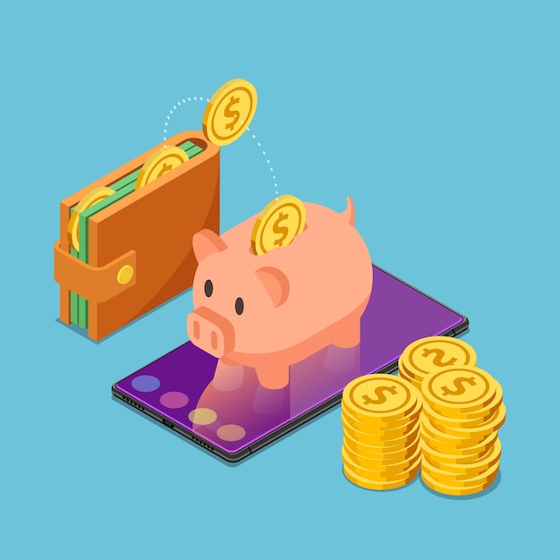 Flat 3d isometric piggy bank on smartphone with wallet and dollar coins. Mobile and internet banking concept.