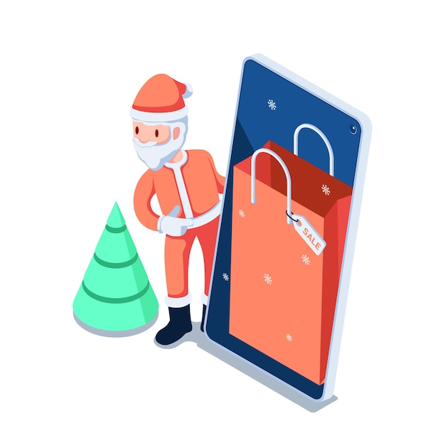 Flat 3d Isometric Santa Claus with Smartphone and Shopping Bag Inside. Christmas Sale Concept.