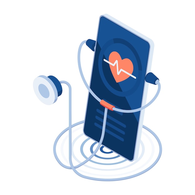 Flat 3d Isometric Stethoscope on Smartphone with Heart Pulse Telemedicine and Online Medical Consultation Service Concept