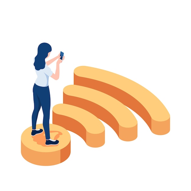 Vector flat 3d isometric woman standing on wifi symbol and using smartphone. internet connection and wireless communication concept.