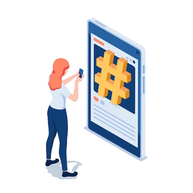 Flat 3d Isometric Woman Using Smartphone in front of Hashtag Symbol on Social Media.  Social Media Hashtag Marketing and Advertising Concept.