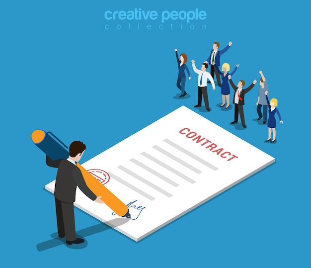 Flat 3d web isometric contract signature and casual micro people infographic concept