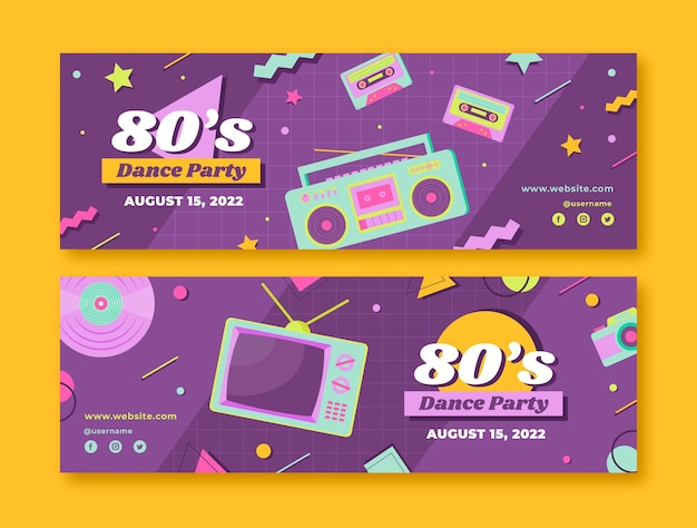 Flat 80's themed party horizontal banners set