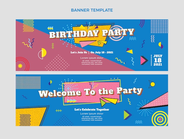 Flat 90s nostalgic birthday horizontal banners