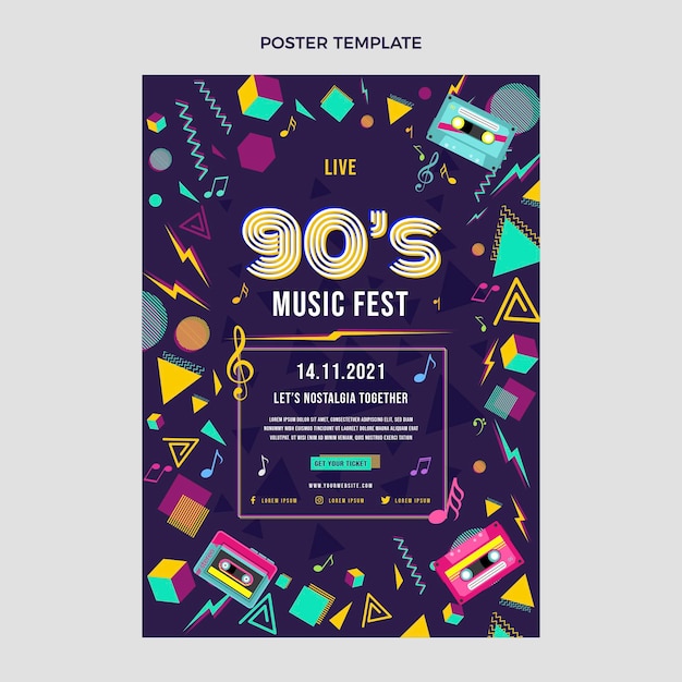 Flat 90s nostalgic music festival vertical poster template