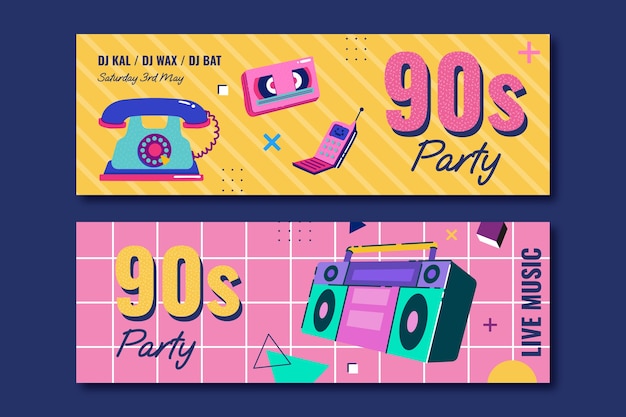 Flat 90s party horizontal banners set