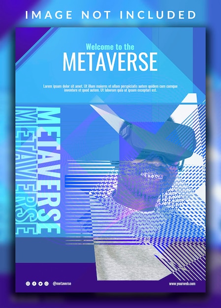 Flat abstract horizontal vertical modern introduction of future virtual reality metaverse poster design with a man photo