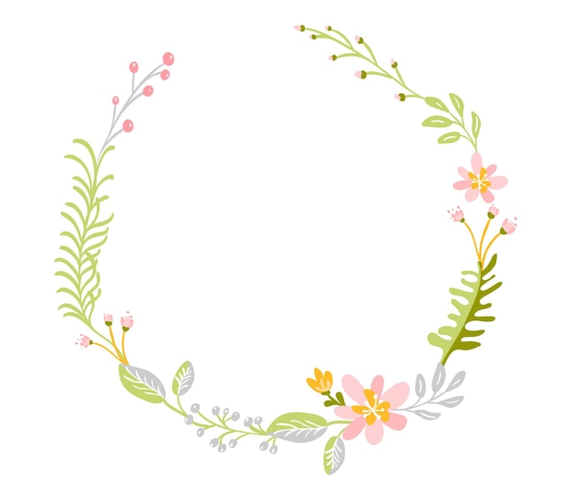 Flat abstract spring flower herbs wreath Vector Meadow garden frame woman day