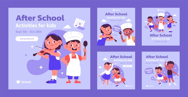 Flat after-school activities for children instagram posts collection