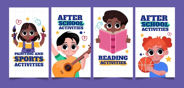 Flat after-school activities for children instagram stories collection