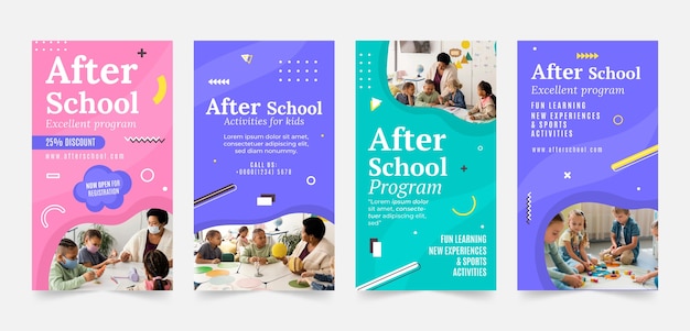 Flat after-school activities for children instagram stories collection