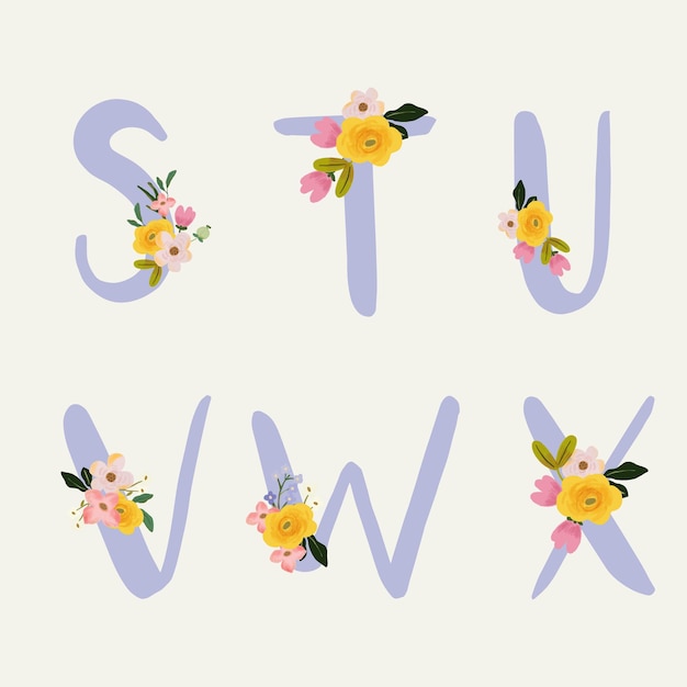 Flat alphabet with hand drawn floral bouquet