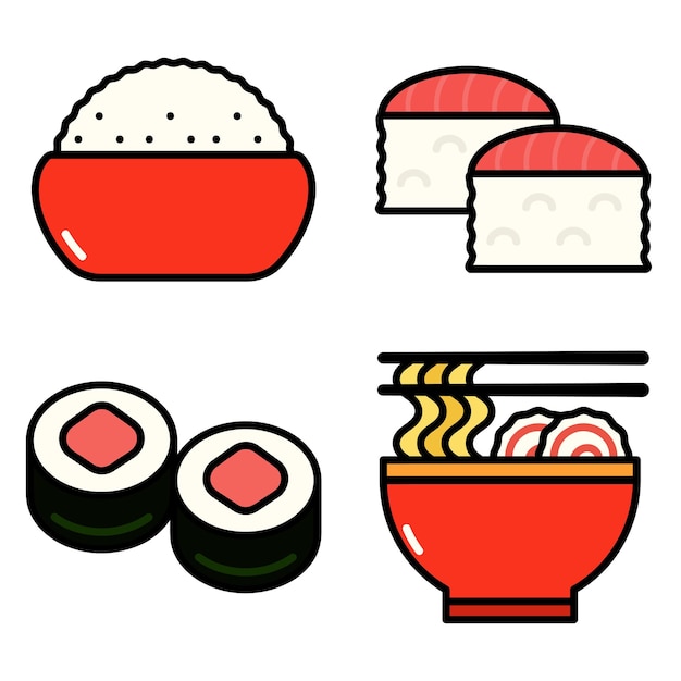 Flat Asian Food. Japanese Rice, Sashimi, Sushi and Ramen icon vector illustration set