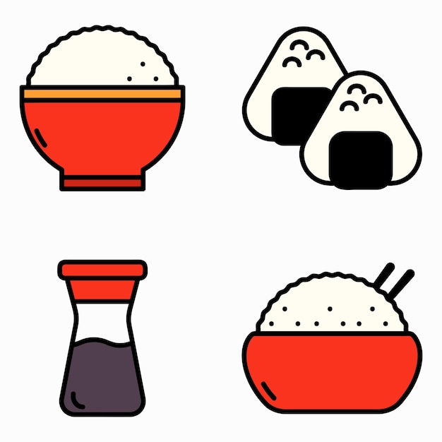 Flat Asian Food. Rice, Onigiri, and Soy Sauce Jar icon vector illustration set