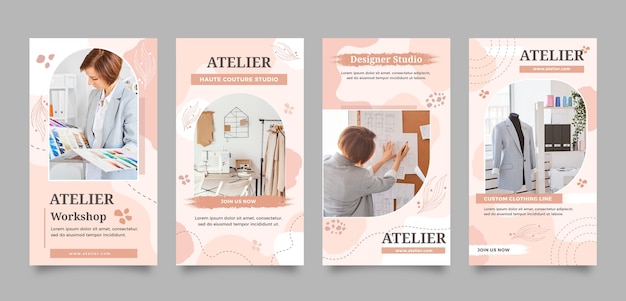 Flat atelier instagram stories collection with abstract shapes