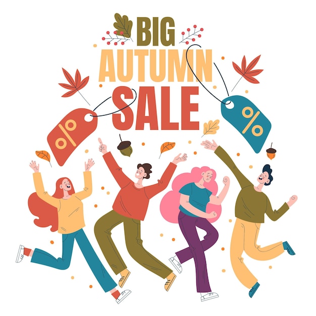 Flat autumn people sale shopping illustration