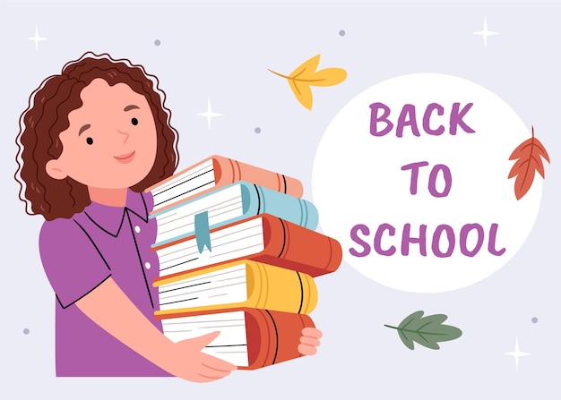 Flat back to school background with student carrying books