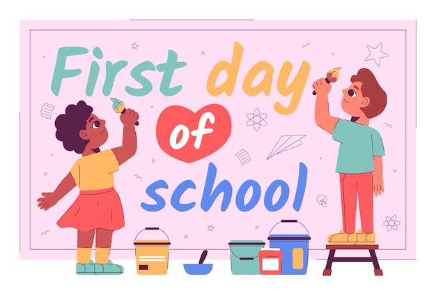 Flat back to school background with students painting