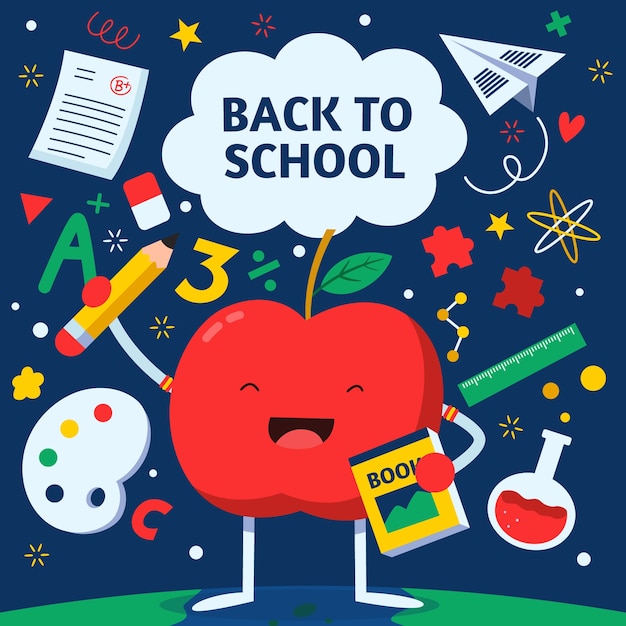 Flat back to school illustration with apple and supplies