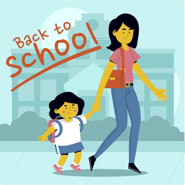 Flat back to school illustration with parent holding hands with child for school