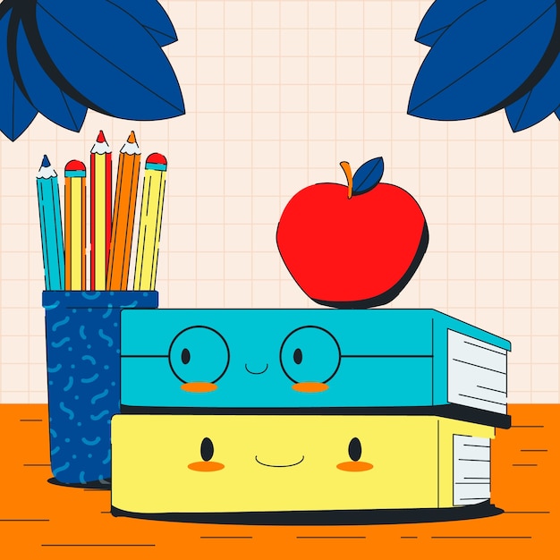 Flat back to school illustration with stack of books and apple