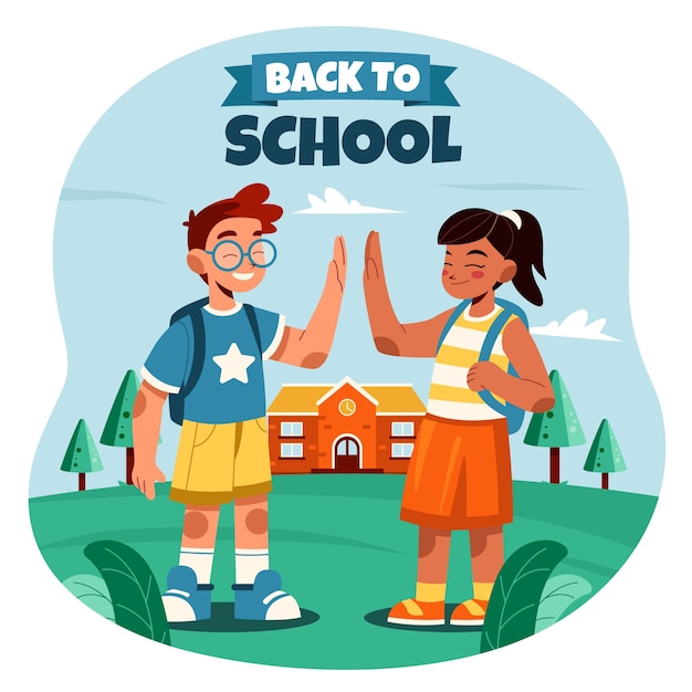 Flat back to school illustration with students high-fiving each other