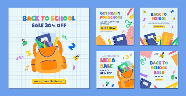 Flat back to school instagram posts collection with school supplies