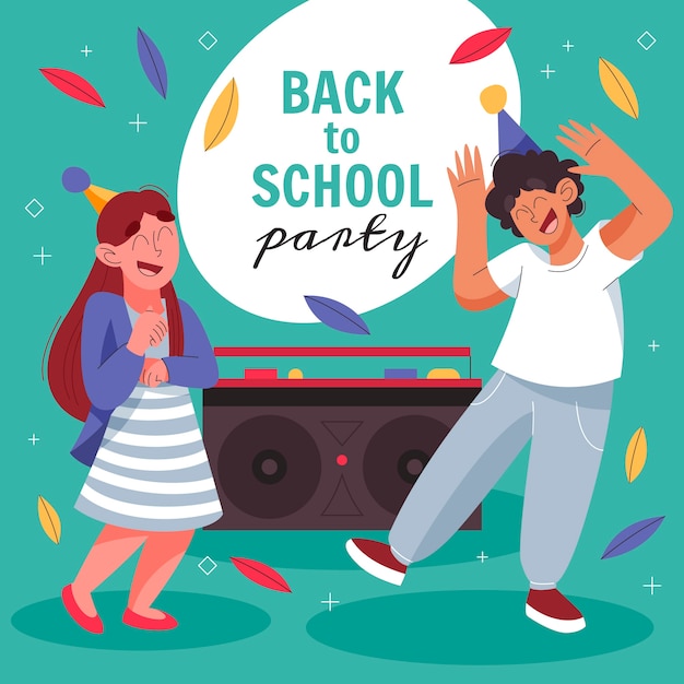 Vector flat back to school party illustration with students celebrating