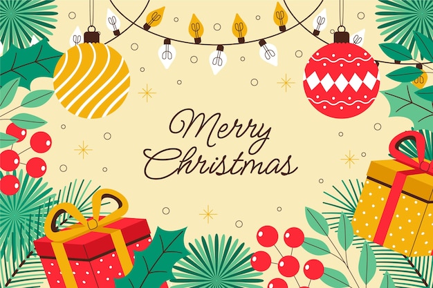 Flat background for christmas season celebration with ornaments and presents