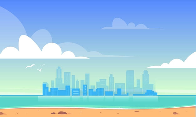 Flat background design beach with city