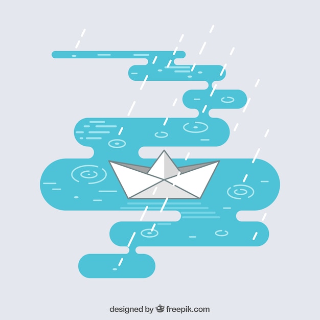 Flat background with paper boat and rain