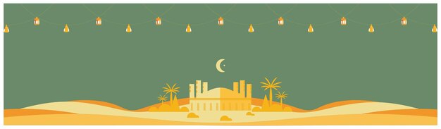 Flat banner for 2022 Ramadan KareemEarthy green and yellow tone background with mosquesand dune c