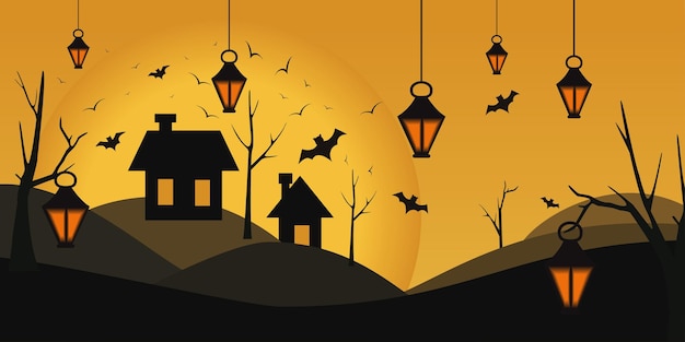 A flat banner for Halloween Landscape in black and orange tonic with birds and houses n