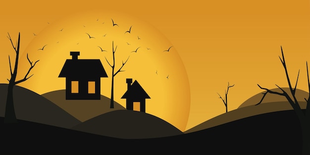 A flat banner for Halloween Landscape in black and orange tonic with birds and houses