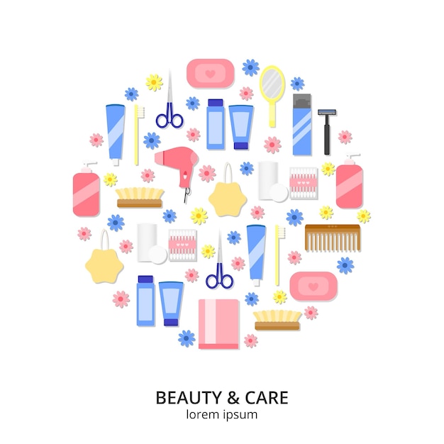 Vector flat beauty icons in circle on white background