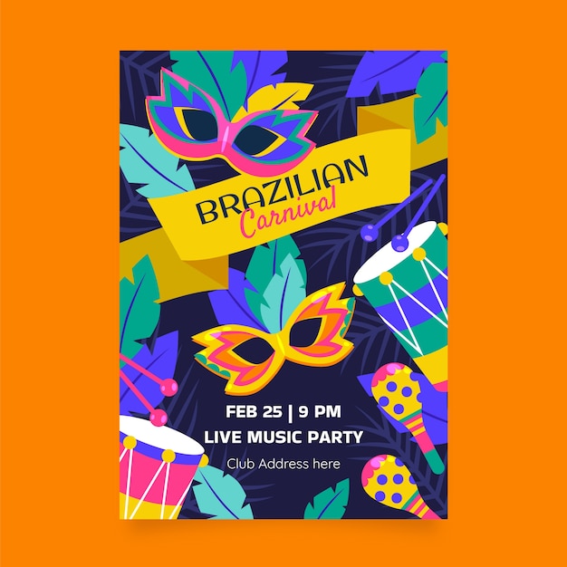 Flat brazilian carnival vertical flyer template