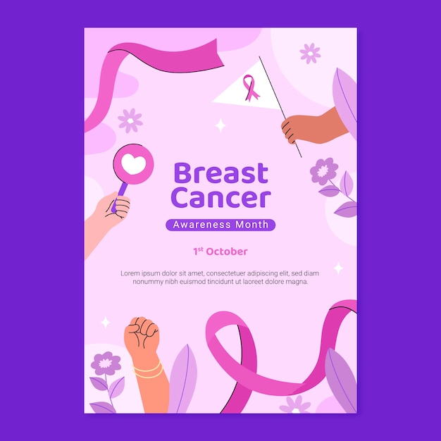 Vector flat breast cancer awareness month vertical poster template