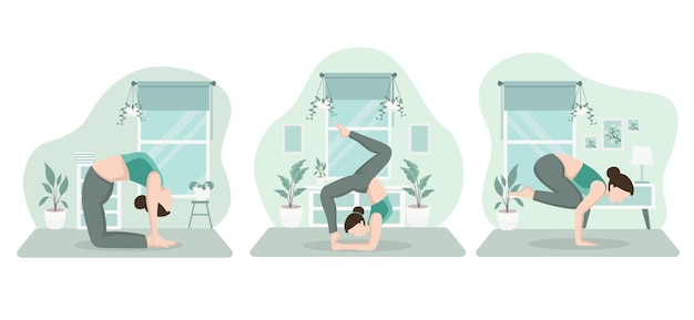 Flat Bundle Illustration Yoga Poses in Modern Interior Room Design