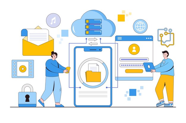 Flat business cloud technology on mobile phone or smartphone device with team administrator and developer working concept Outline design style minimal vector illustration