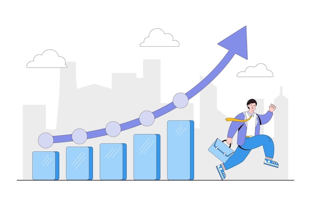 Flat business competition concept People businessman run competition with financial graph Outline design style minimal vector illustration