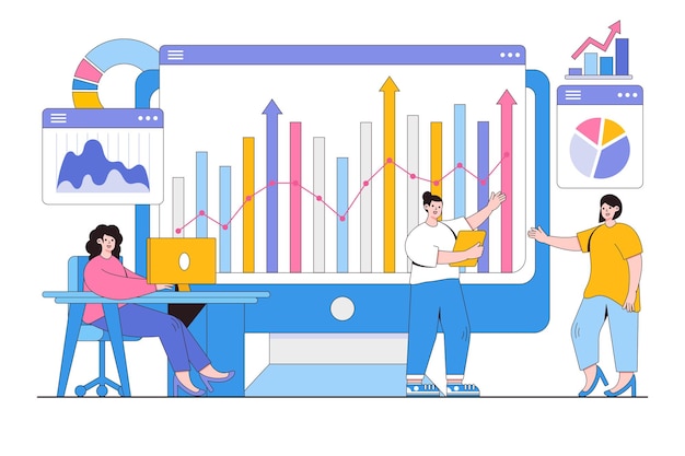 Flat business team monitoring and analyst web report dashboard concept Outline design style minimal vector illustration