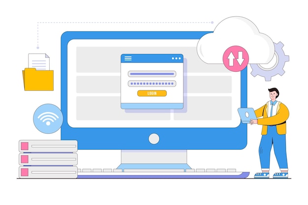 Flat business technology cloud computing service and file upload backup on cloud server storage with web login security user concept Outline design style minimal vector illustration