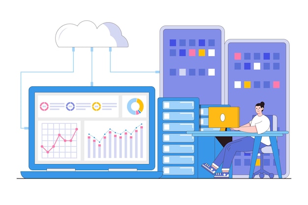 Flat business technology cloud server analysis data concept Outline design style minimal vector illustration