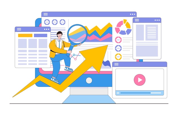 Flat businessman analysing marketing data monitoring and planning concept Outline design style minimal vector illustration