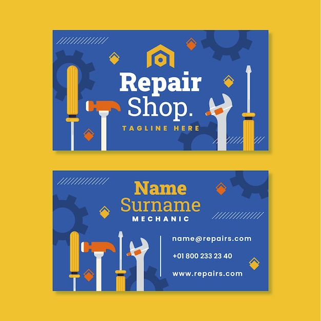 Flat car repair shop services vertical business card template