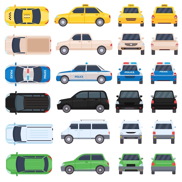 Flat cars police and taxi top side back and front view Cartoon auto transport pickup suv and minivan views Vehicle behind vector set of taxi and police automobile view illustration