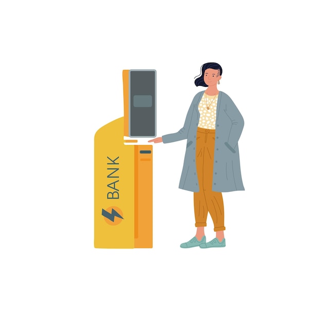 Flat cartoon character at ATM cash machinebank cards and accounts transactions vector illustration concept