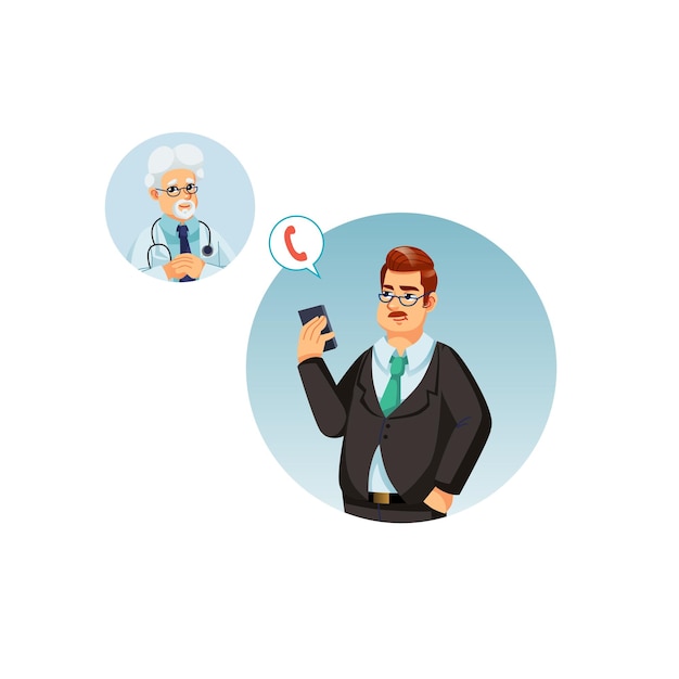 Flat cartoon character calls to doctor via mobile phonemedical treatment and therapy vector illustration concept